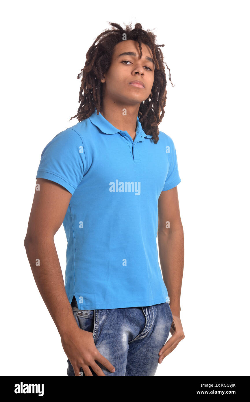 teenage boy in blue shirt Stock Photo Alamy