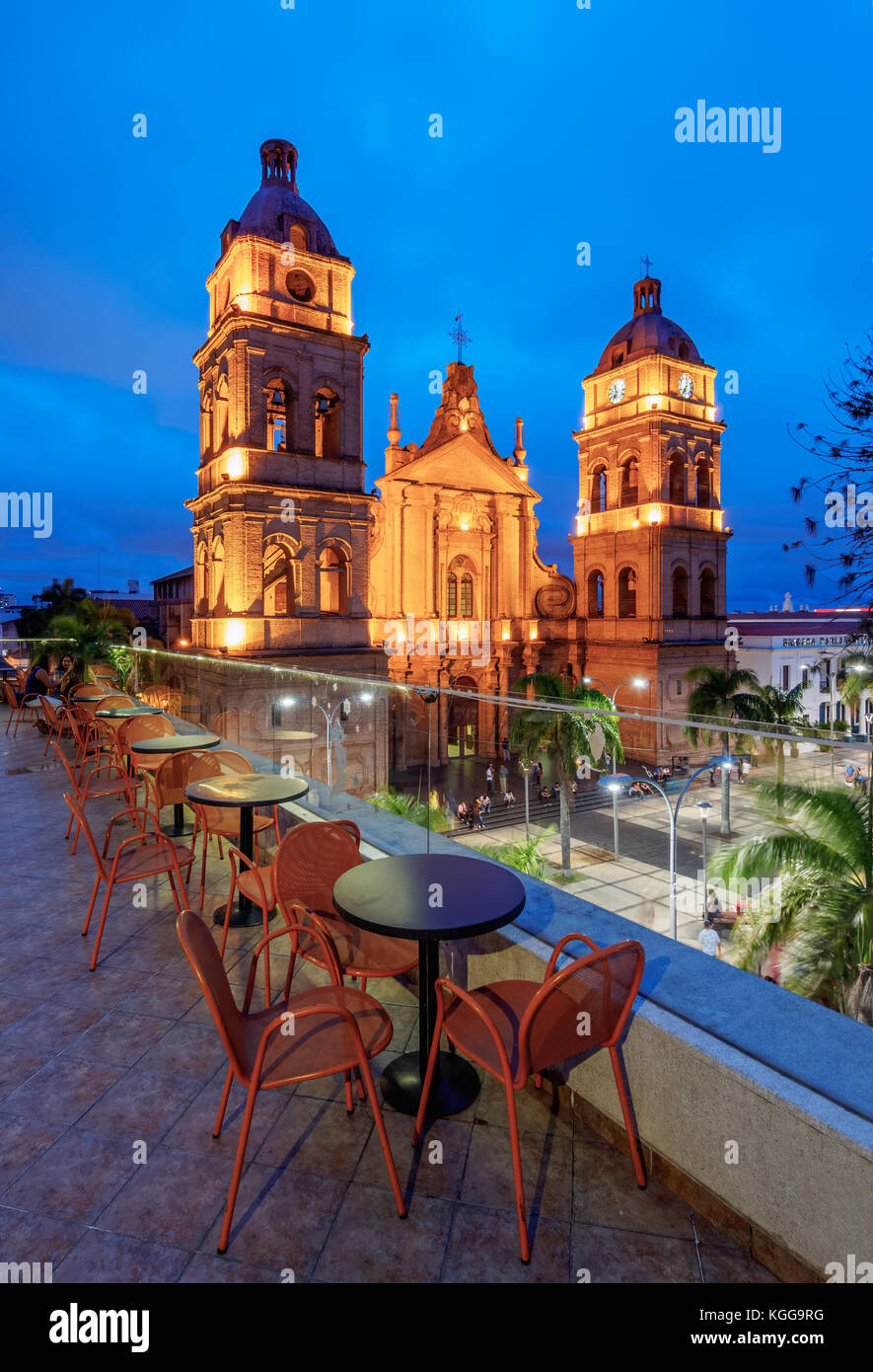 Cathedral Basilica of St. Lawrence, twilight, 24 de Septiembre Square, Santa Cruz de la Sierra, Bolivia Stock Photo