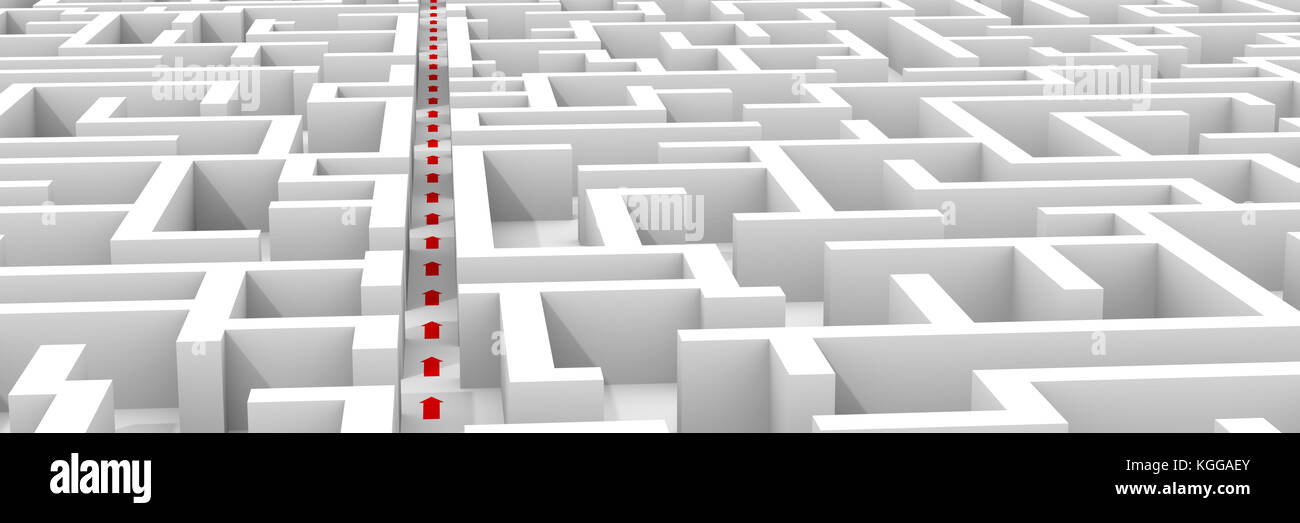 huge white maze structure, red arrows showing shortcut through the labyrinth (3d illustration, background banner) Stock Photo