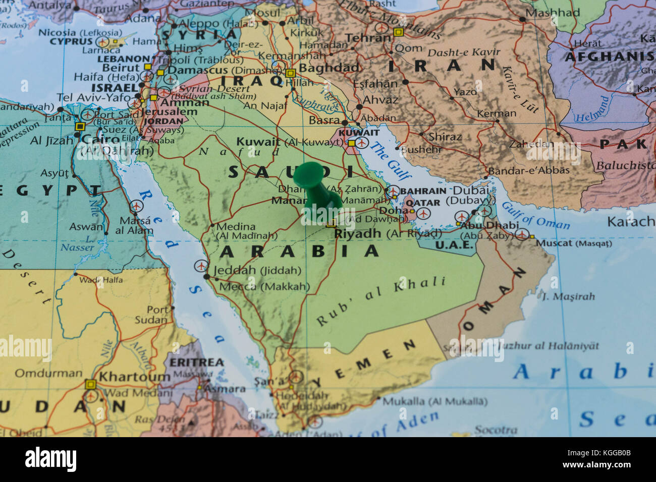 Riyadh pinned on a map of Saudi Arabia with a green pin, color of Saudi flag. Stock Photo