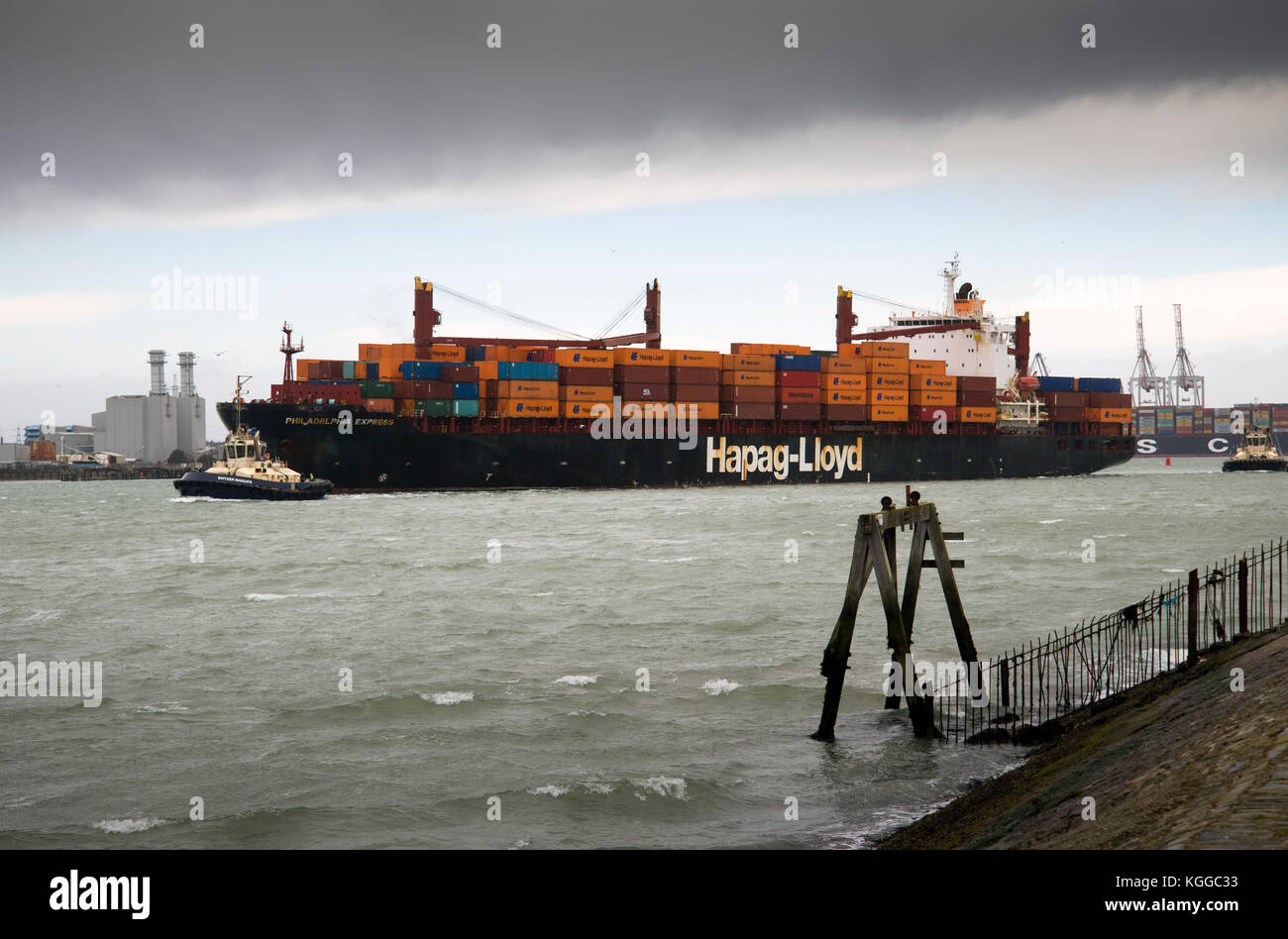Hapag-Lloyd container ship leaving Southampton docks Stock Photo