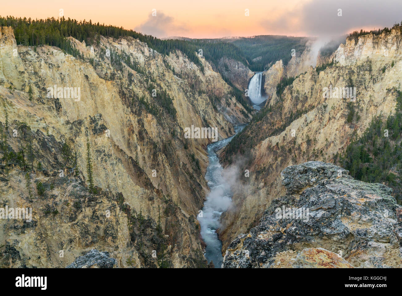 The lower falls of Yellowstone National Park at sunrise Stock Photo