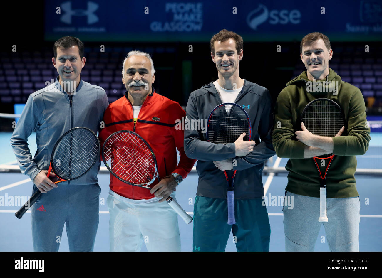 from left) Tim Henman, Mansour Bahrami, Andy Murray and Jamie Murray on court ahead of the Andy Murray Live Event at the SSE Hydro, Glasgow Stock Photo