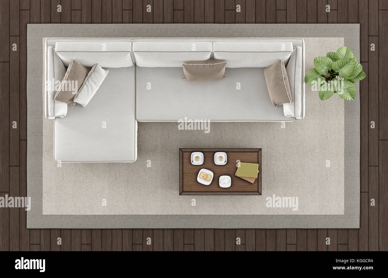 Top view of a modern living room with white sofa and coffee table on