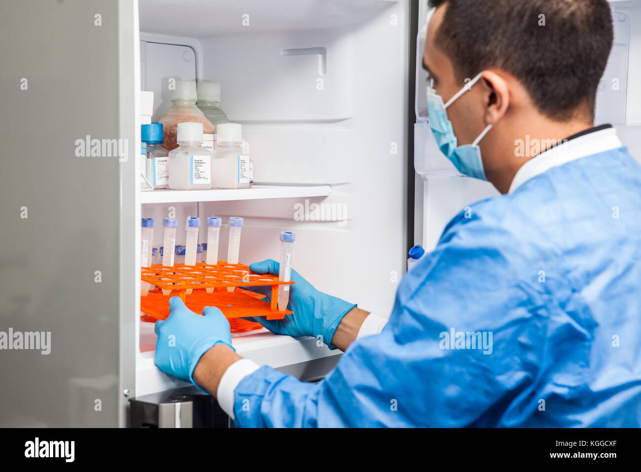 Young male scientist and laboratory freezer Stock Photo