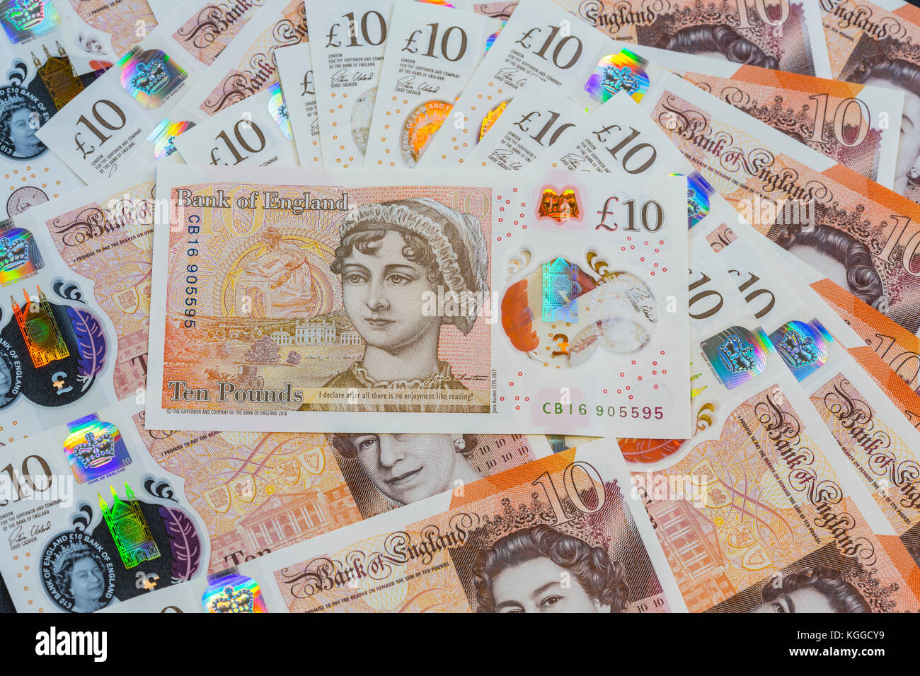 New ten pound notes with Jane Austen. Stock Photo