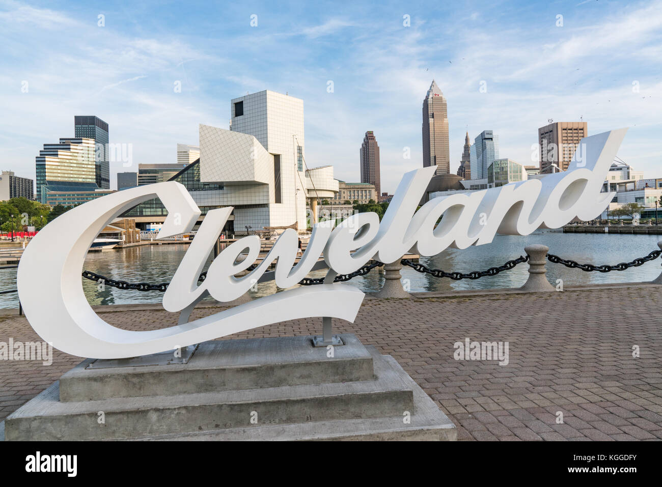 CLEVELAND - SEPTEMBER 16:  Cleveland sign, Rock and Roll Hall of Fame and Cleveland, Ohio skyline from the harbor walkway Stock Photo