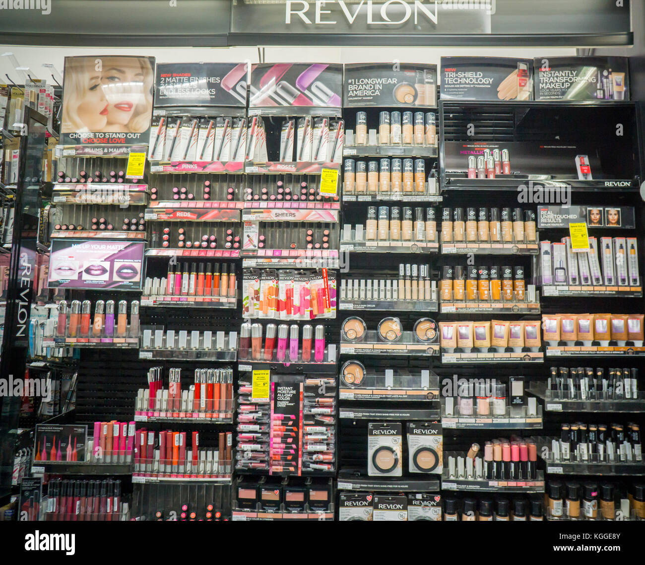 A selection of Revlon beauty products in a drugstore in New York on Friday,  November 3, 2017. Revlon is reported to be reviewing strategic options  including a sale of itself. (Photo by