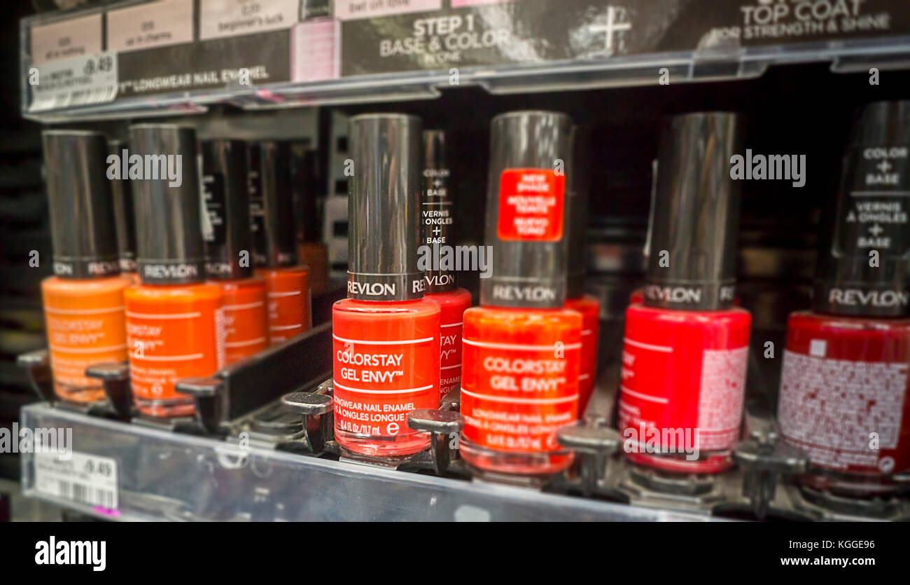 A selection of Revlon beauty products in a drugstore in New York on Friday, November 3, 2017. Revlon reported a $32.4 million third-quarter loss. (© Richard B. Levine) Stock Photo