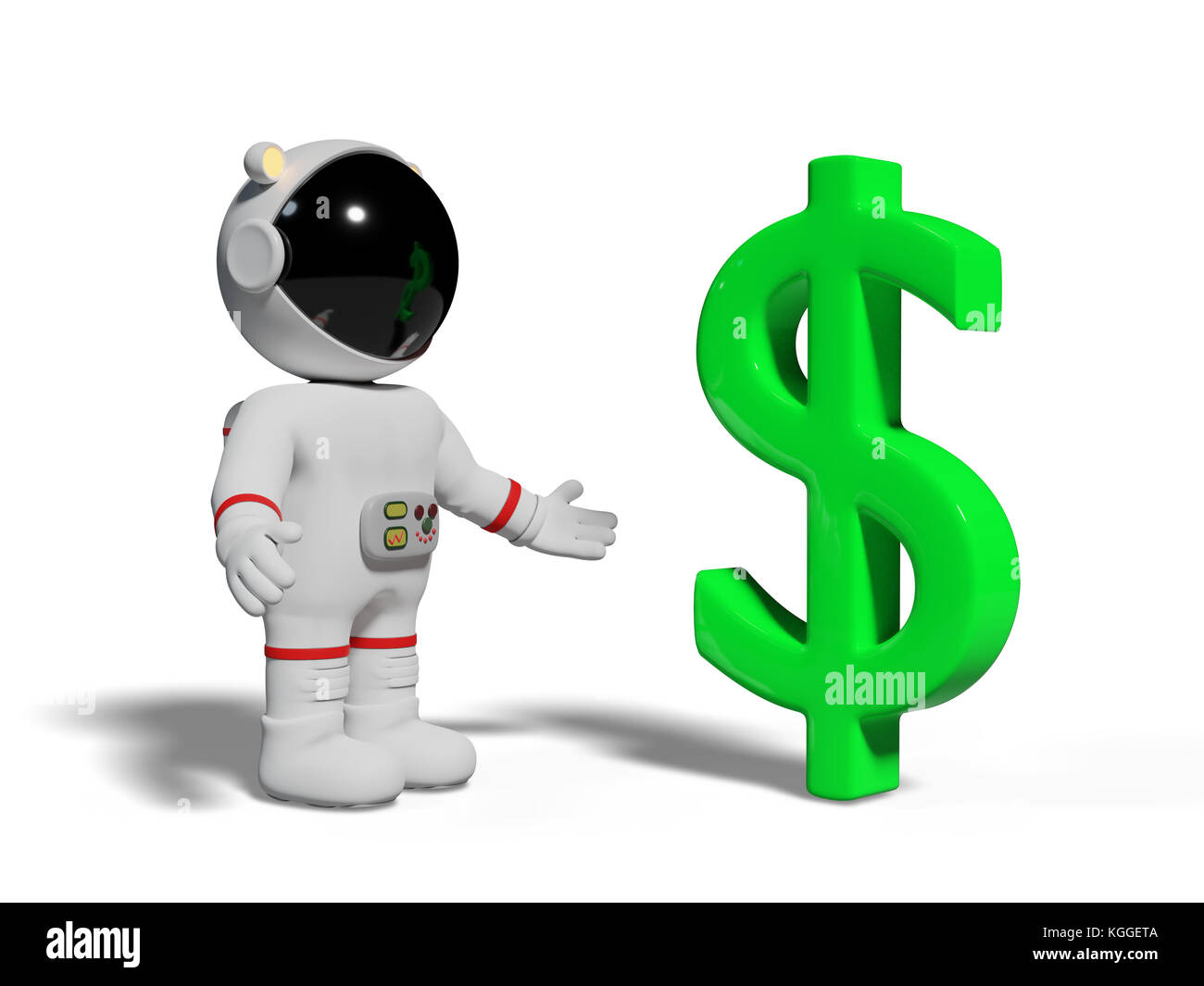 astronaut looking at green dollar sign, cute cartoon character with currency symbol isolated on white background (3d illustration) Stock Photo