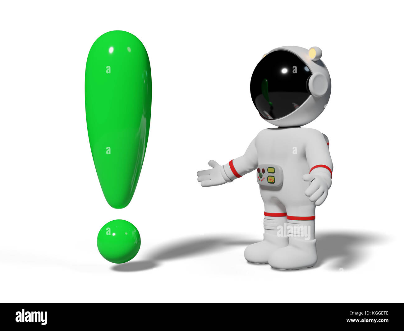 astronaut, 3d cartoon character looking at green exclamation mark (3d illustration isolated on white background) Stock Photo