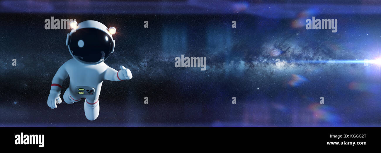 adorable cartoon astronaut character in white space suit in front of the Milky Way galaxy and a bright star (3d illustration banner) Stock Photo