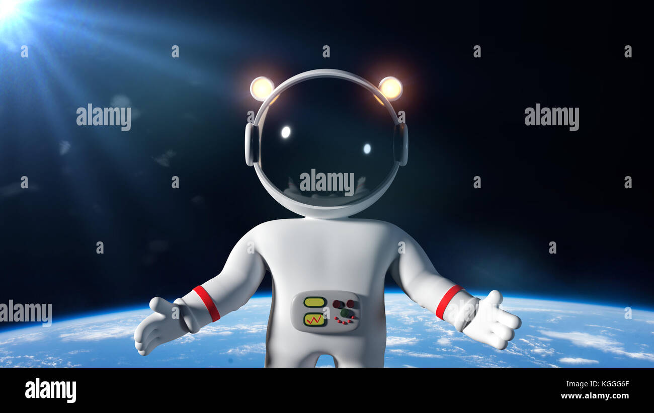 cute cartoon astronaut in orbit of the planet Earth lit by the Sun (3d render) Stock Photo