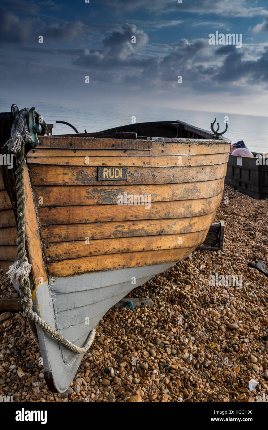 Crab fishing vintage wooden boat in Deal,Kent in Unted Kingdom. Stock Photo