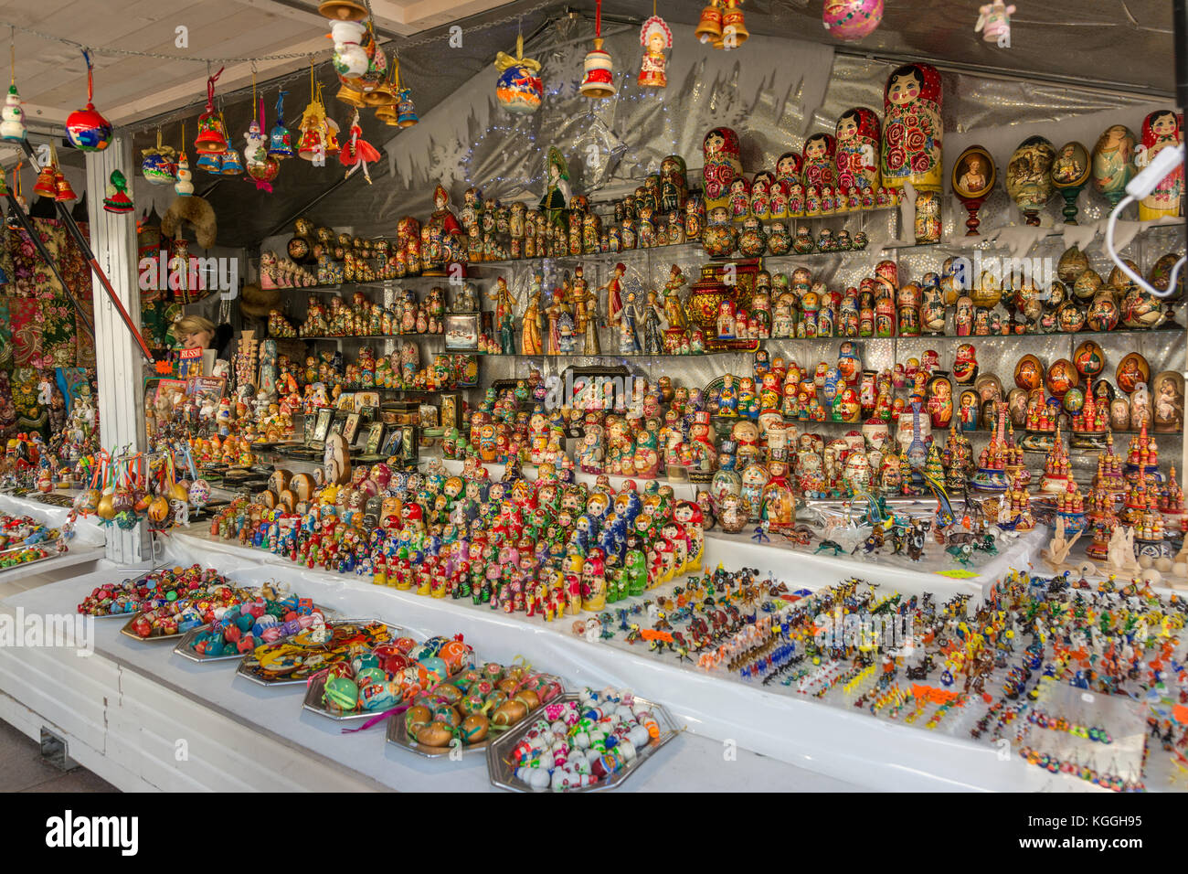 TOULOUSE, FRANCE - NOVEMBER 30, 2016, Stand of matioskas and eggs painted with religious figures, Christmas market in Toulouse, France Stock Photo
