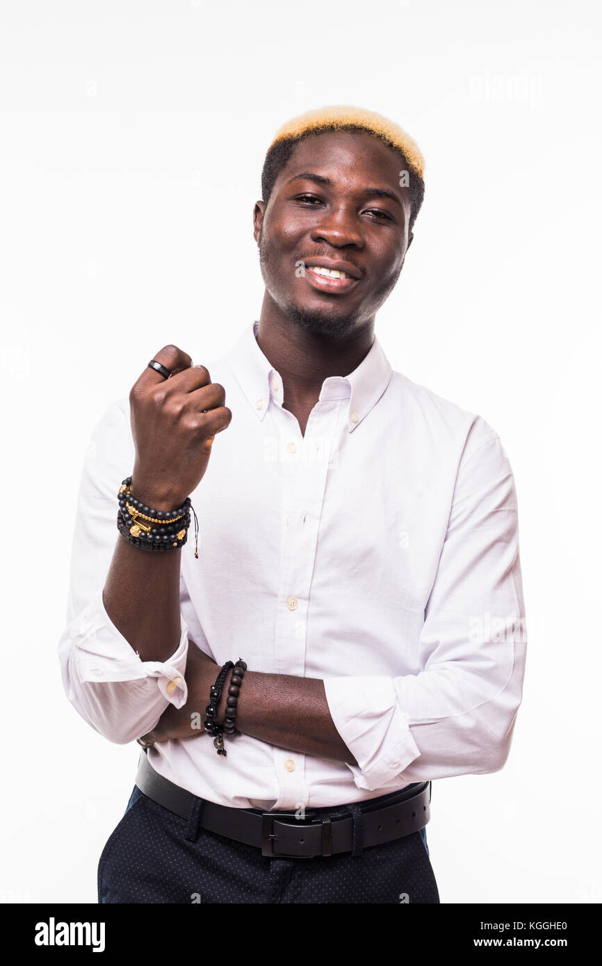 Portrait happy young african man in shirt and tie looking away and ...