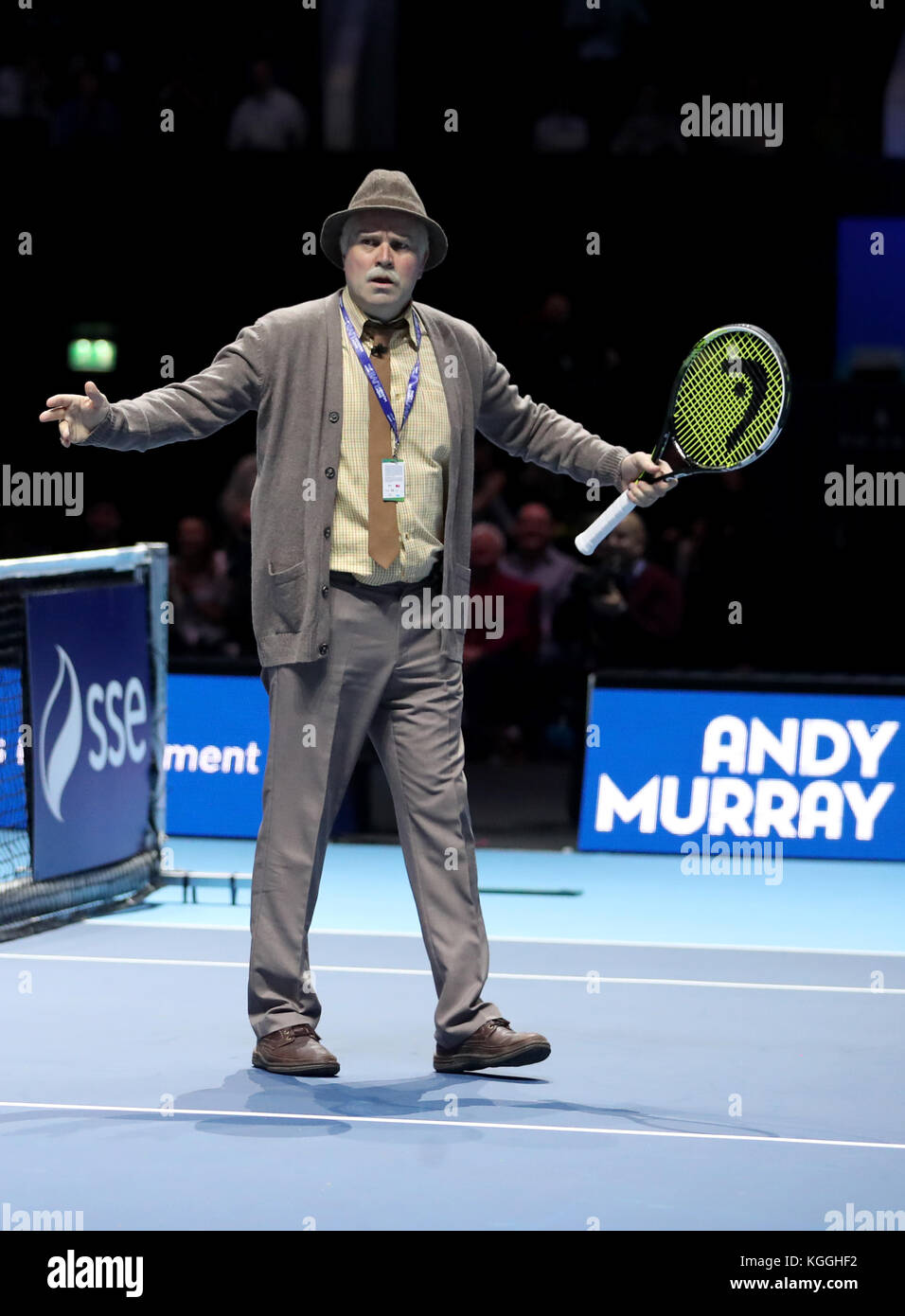 Jack from the television show Still Game on court during the doubles match at the Andy Murray Live Event at the SSE Hydro, Glasgow Stock Photo