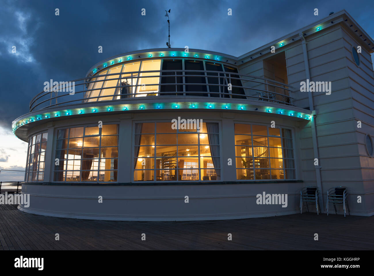 The art-deco Southern Pavilion on Worthing Pier on a November evening shortly after sunset Stock Photo