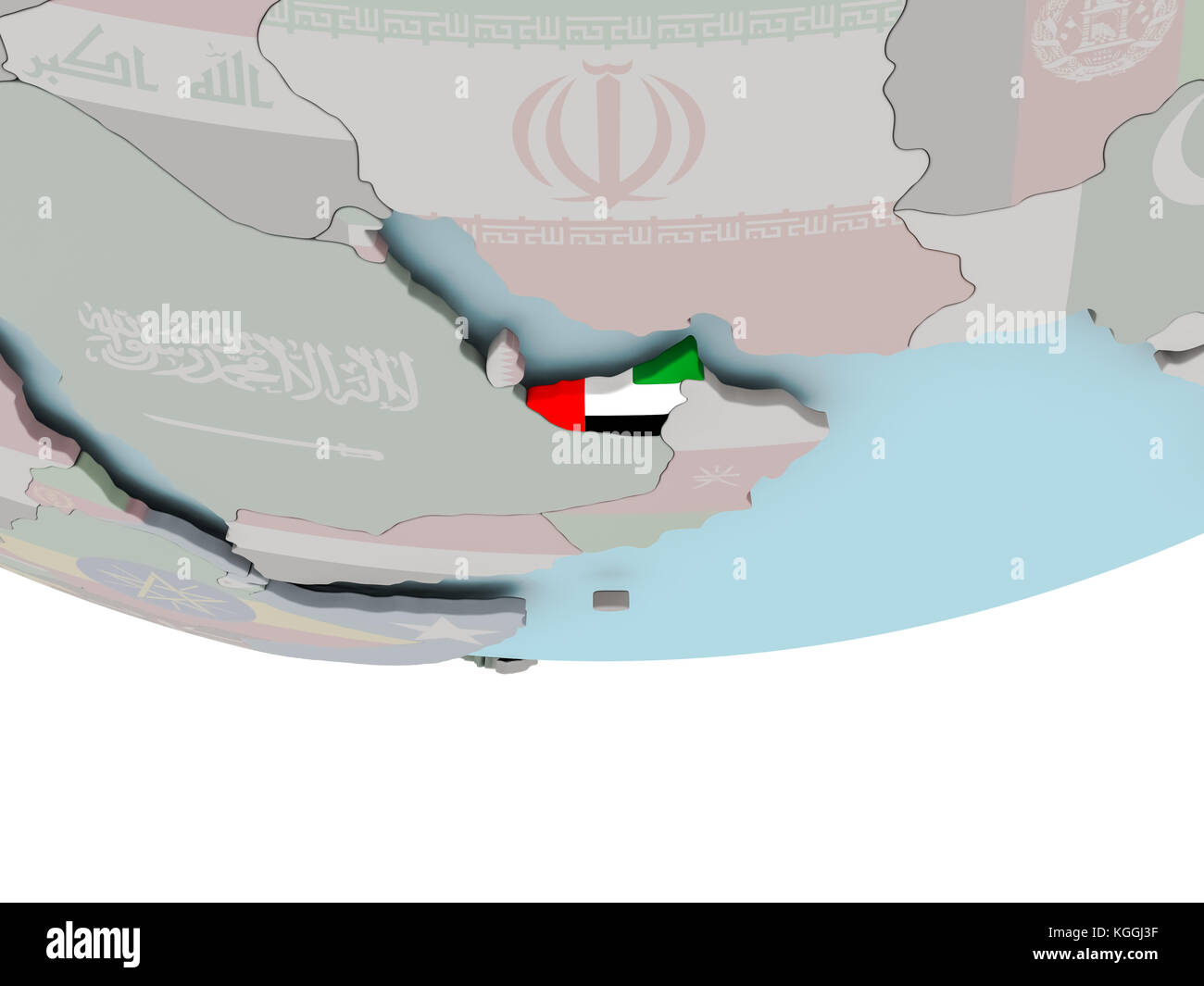 3D illustration of United Arab Emirates with embedded flag on political ...