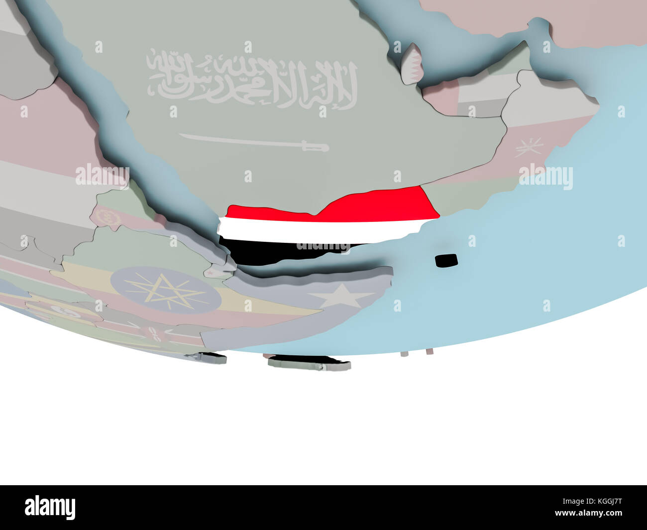 3D illustration of Yemen with embedded flag on political globe. 3D ...