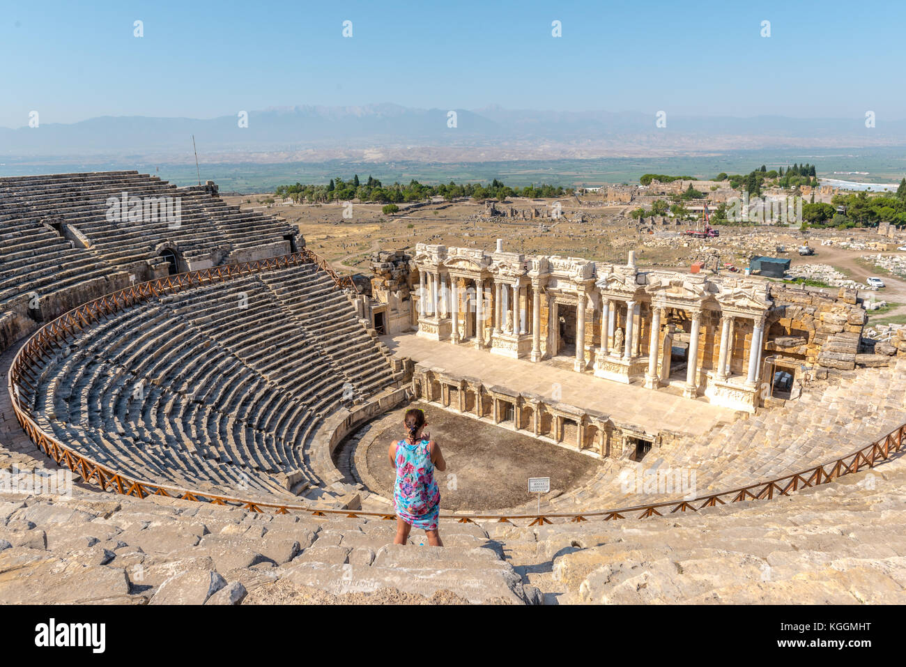 People visit The ruins of Antique Theater in ancient Greek city Hierapolis, Pamukkale, Turkey.25 August 2017 Stock Photo