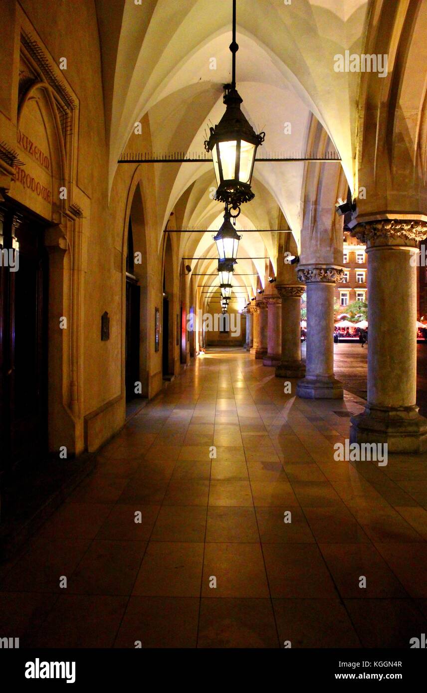 The grand walkway of Krakow's historic Cloth Hall market. Stock Photo