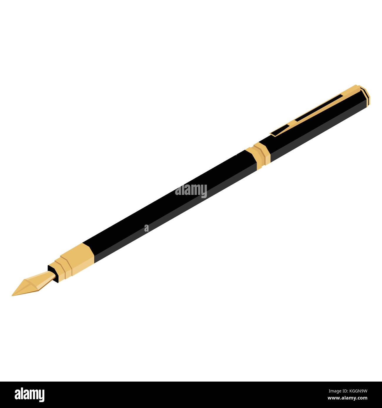 Vector illustration isometric golden, black vintage fountain pen. Old