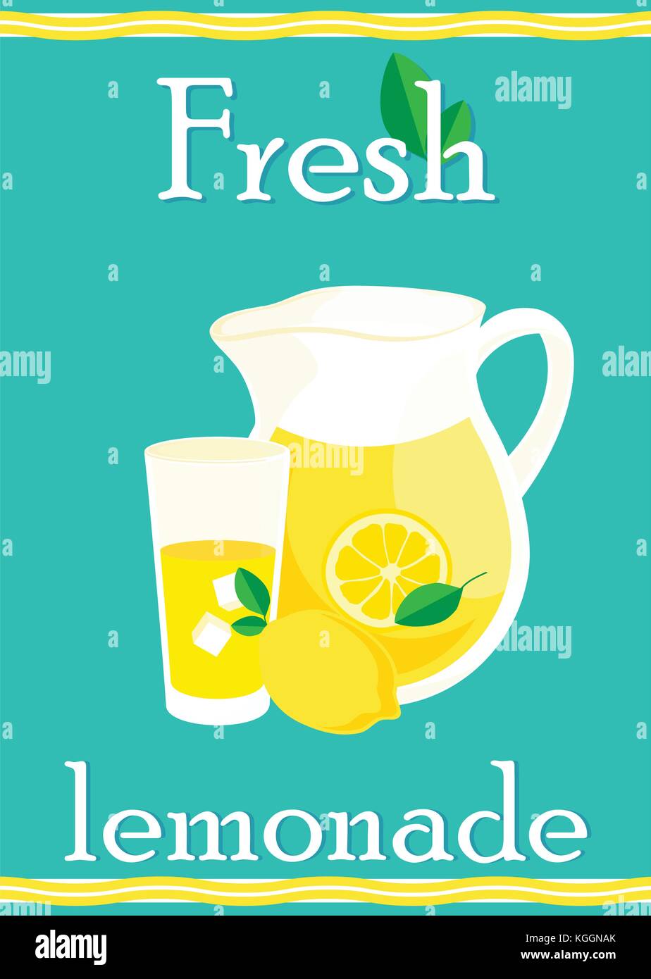 Poster with lemonade elements glass, lemon, jug, mint fresh lettering
