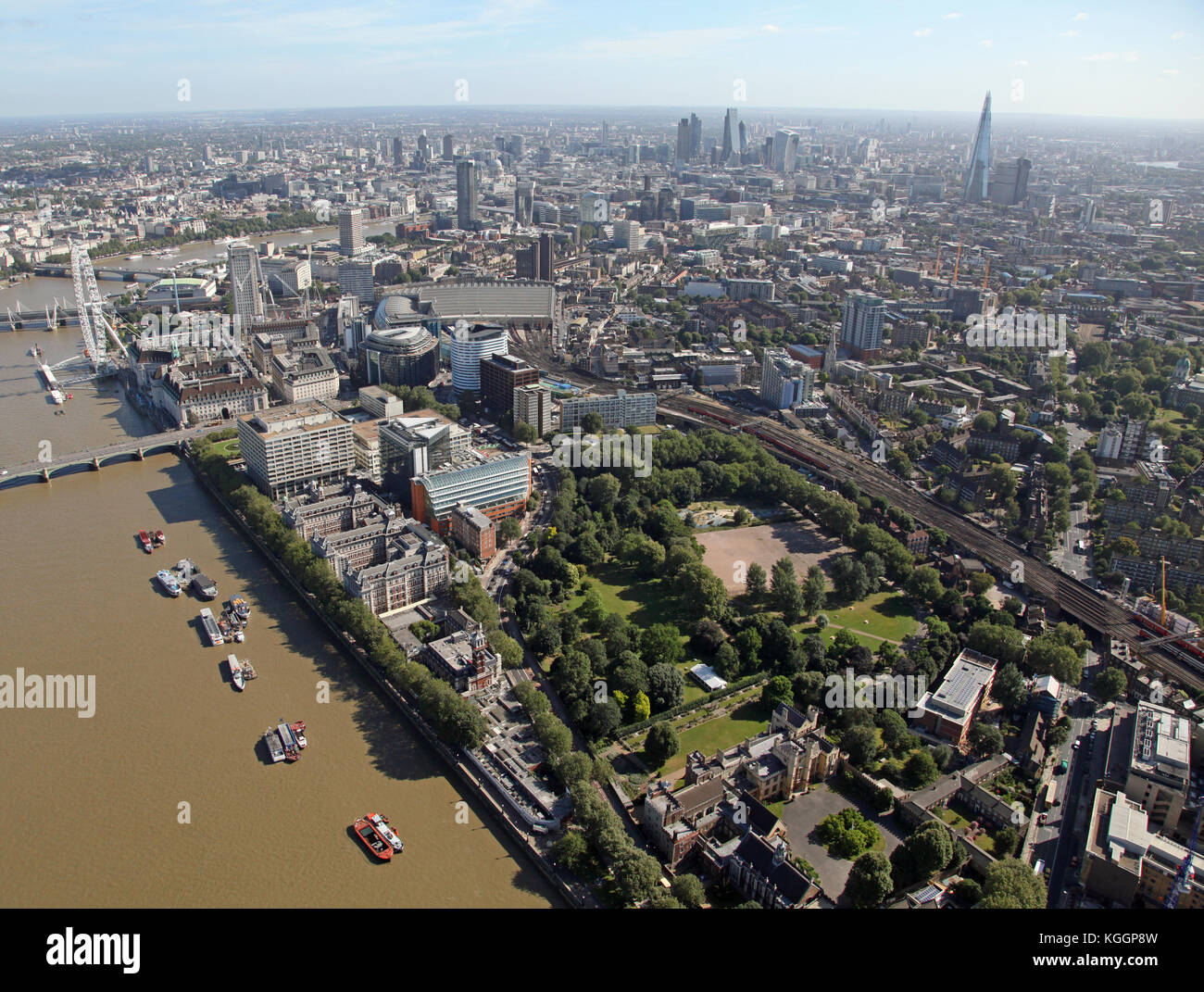 aerial view of Lambeth Palace & St Thomas' Hospital looking toward The City of London skyline, UK Stock Photo