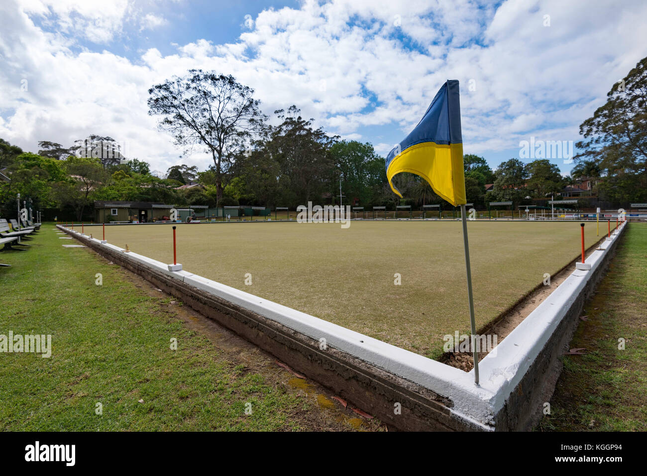 A corner flag marker for a lawn bowling green at Gordon Bowling Club in Sydney, Australia just prior to the club closing down in December 2017 Stock Photo