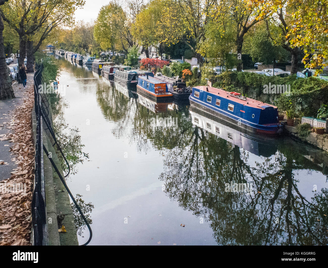 Canal boats moored up in Little Venice, in the Maida Vale area of London. Stock Photo