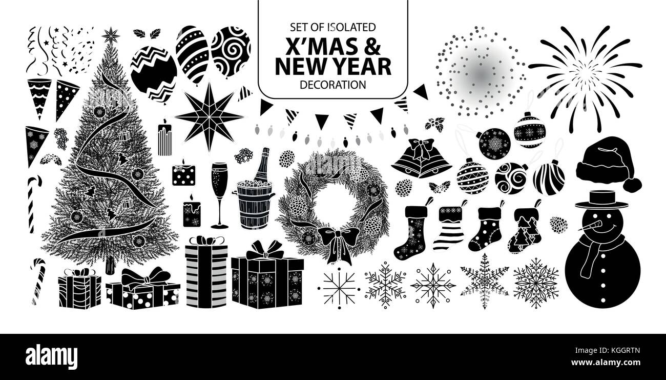 Set of isolated silhouette decoration for Christmas and New year. Vector illustration in white outline and black plane on white background. Stock Vector