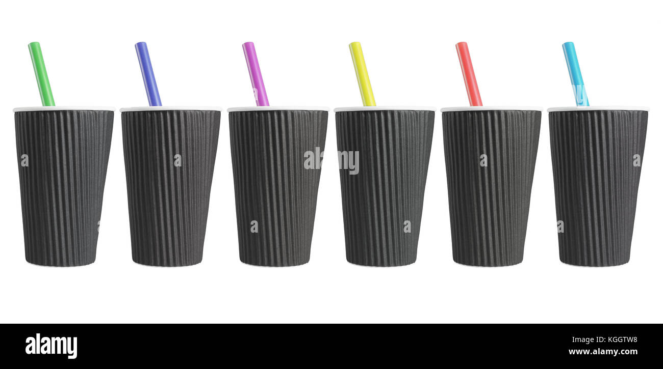 Row of Black Coffee Cups With Colorful Plastic Straws Stock Photo