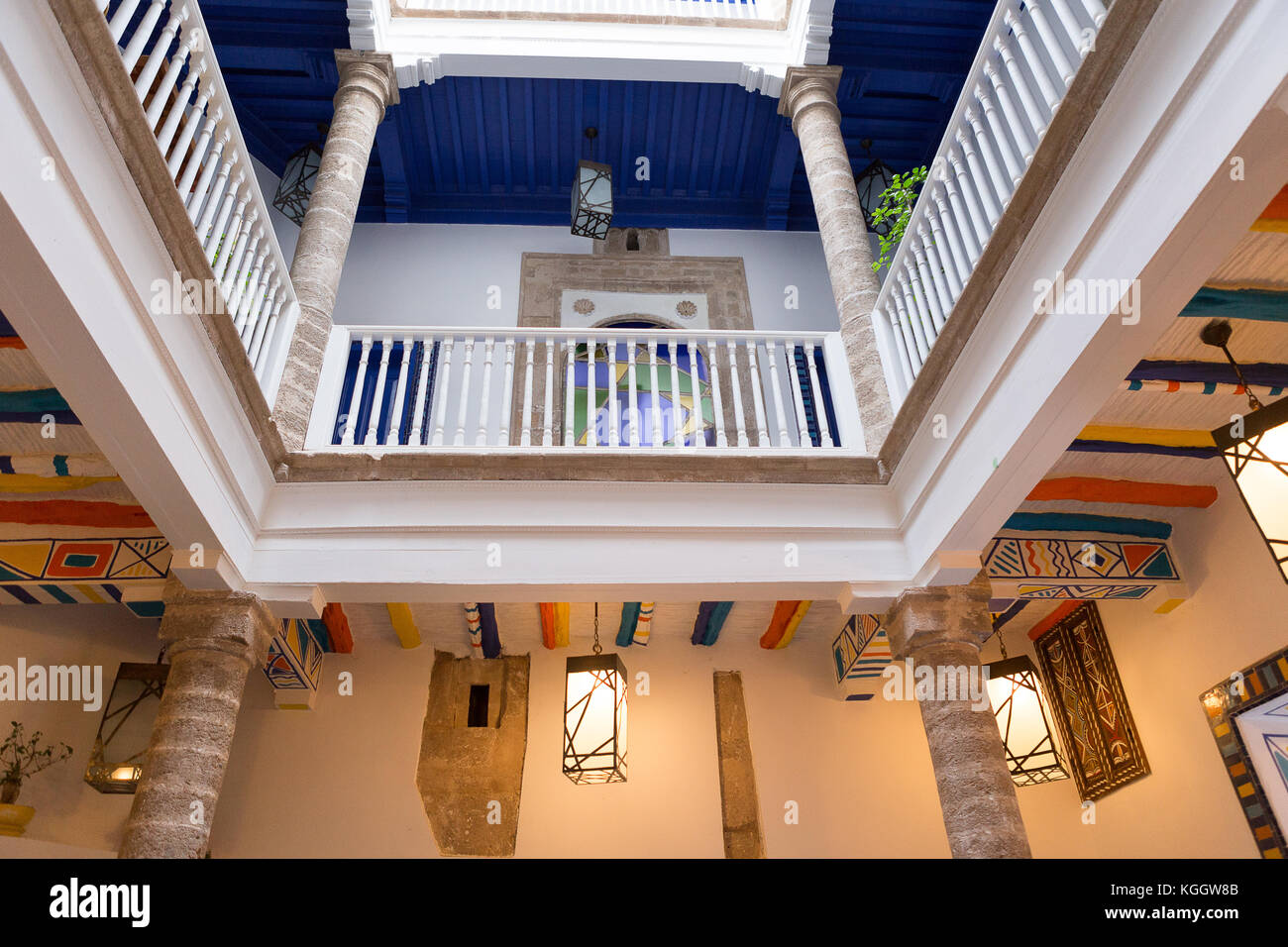 Essaouira formerly known as Mogador, is a city in the western Moroccan economic region of Marrakesh-Safi, on the Atlantic coast. Multicolor riad. Stock Photo