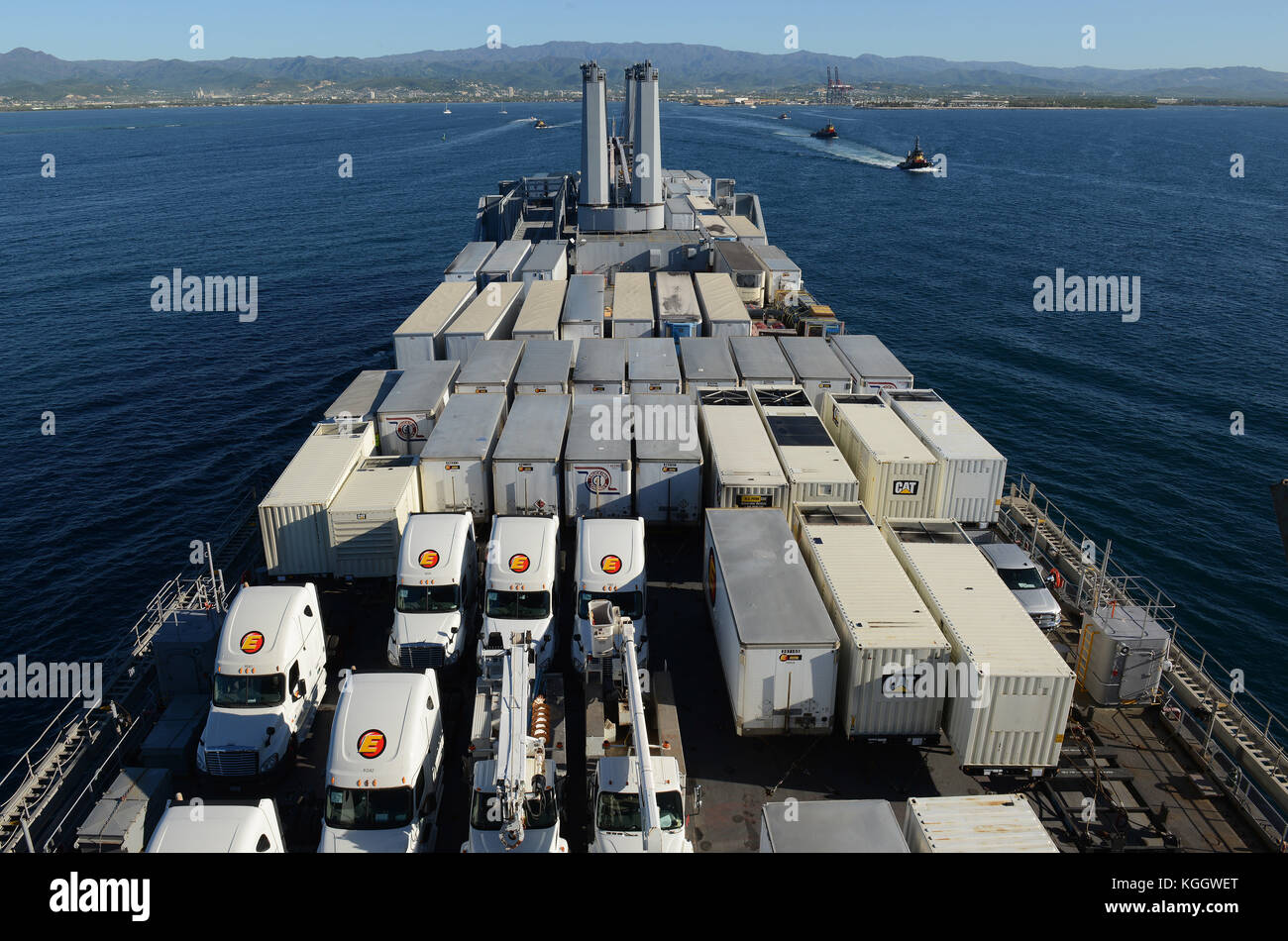 Military Sealift Command’s USNS Brittin arrives into the Port of Ponce, Puerto Rico, with 53-foot generator trailers and other supplies on Nov. 3, 201 Stock Photo