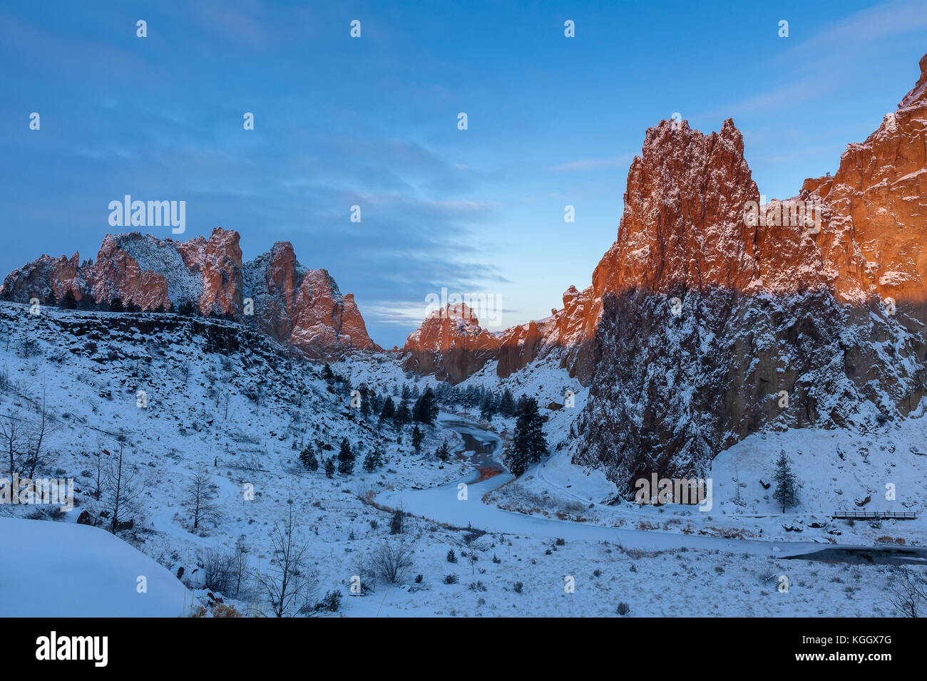 Snow Covers The Ground During Winter At Smith Rock State Park In Central Oregon During Sunrise Stock Photo Alamy