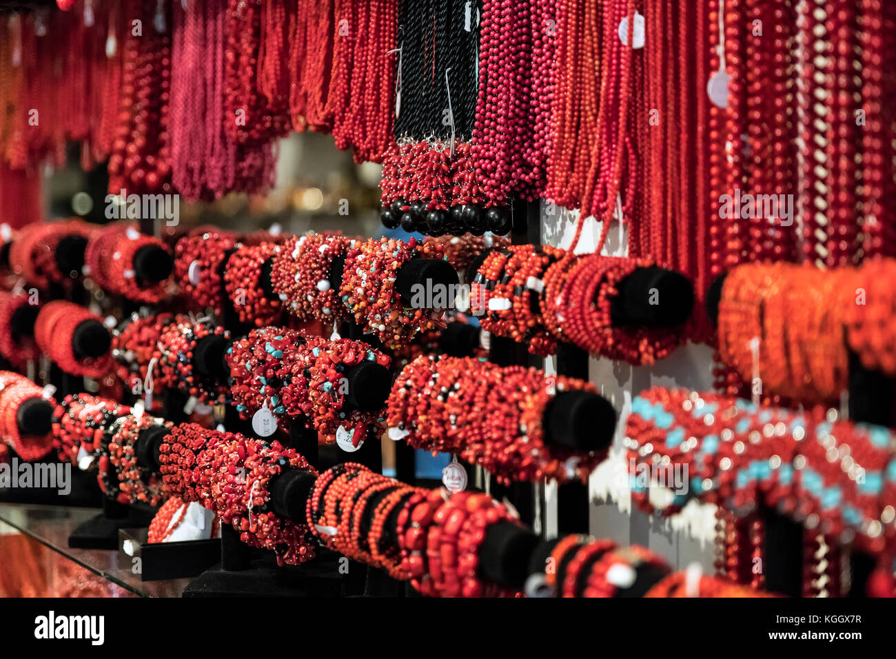 Red coral jewelry on display, Alghero, Sardinia, Italy. Stock Photo