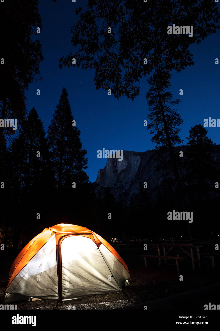 The night sky rises over the campground in Yosemite National Park. Stock Photo