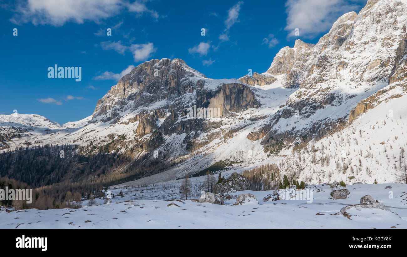 Beautiful winter landscape, forest snow and geological features of Italian Dolomites Stock Photo