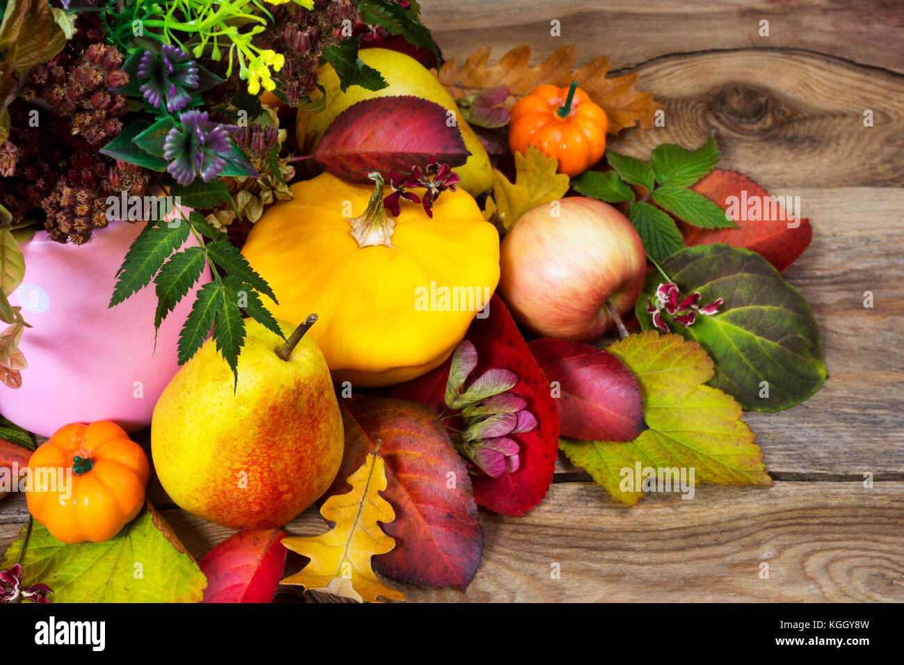 Fall background with wild grass in the pink vase, yellow squash, apples, pears on the rustic wooden table, close up Stock Photo