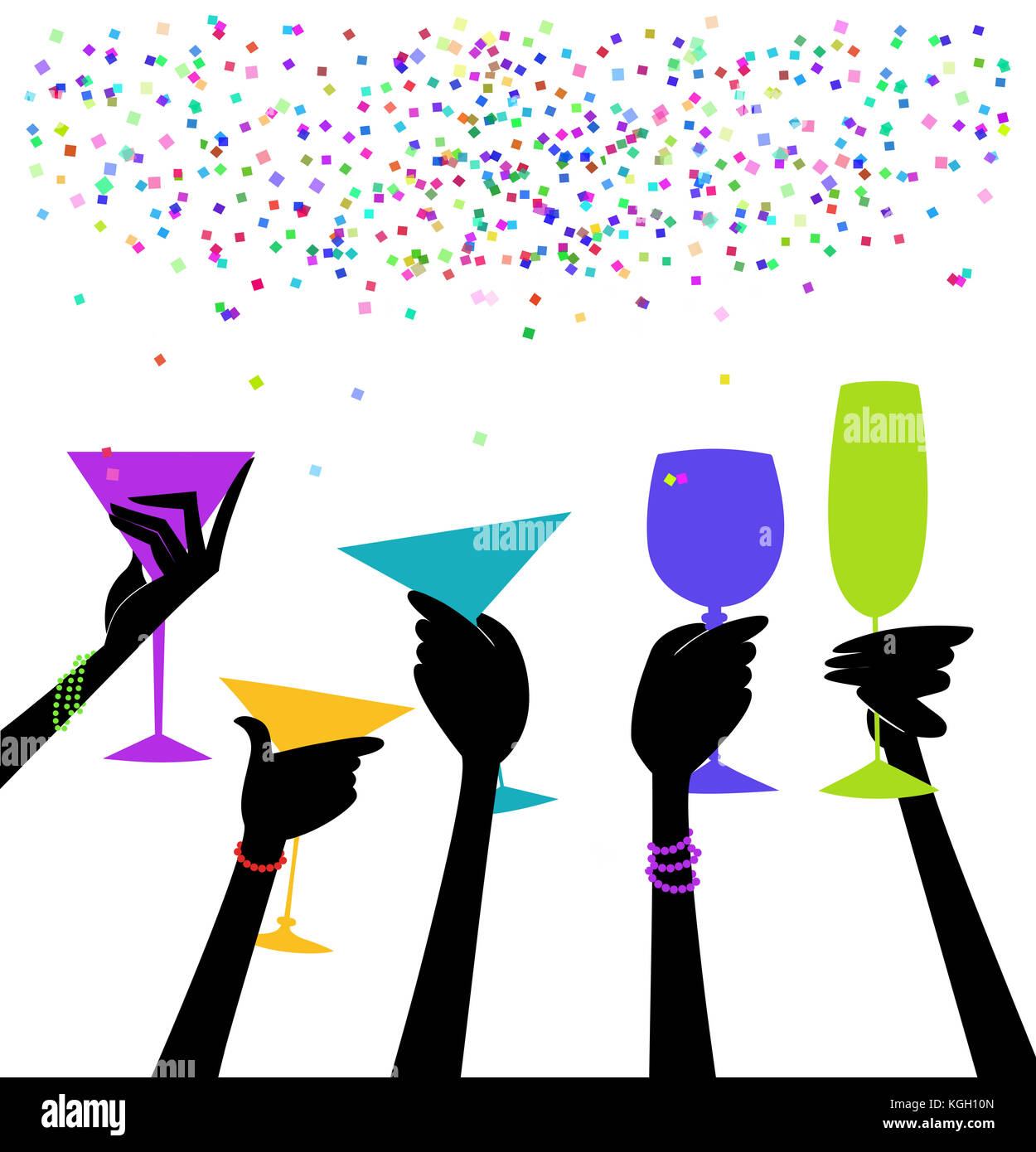 Hands holding cocktails raised in a celebratory toast with confetti ...