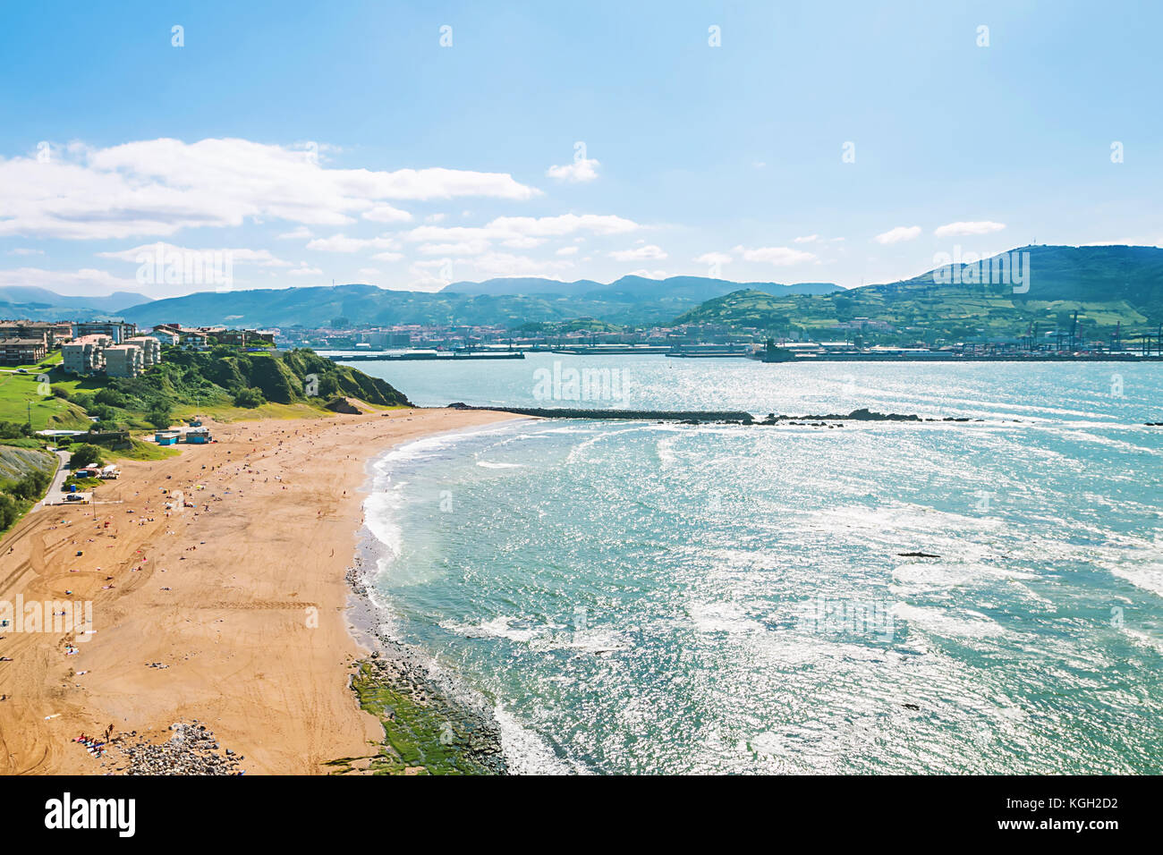 A top view on the beach of Algorta of the Atlantic ocean in Bilbao on the North of Spain. Stock Photo