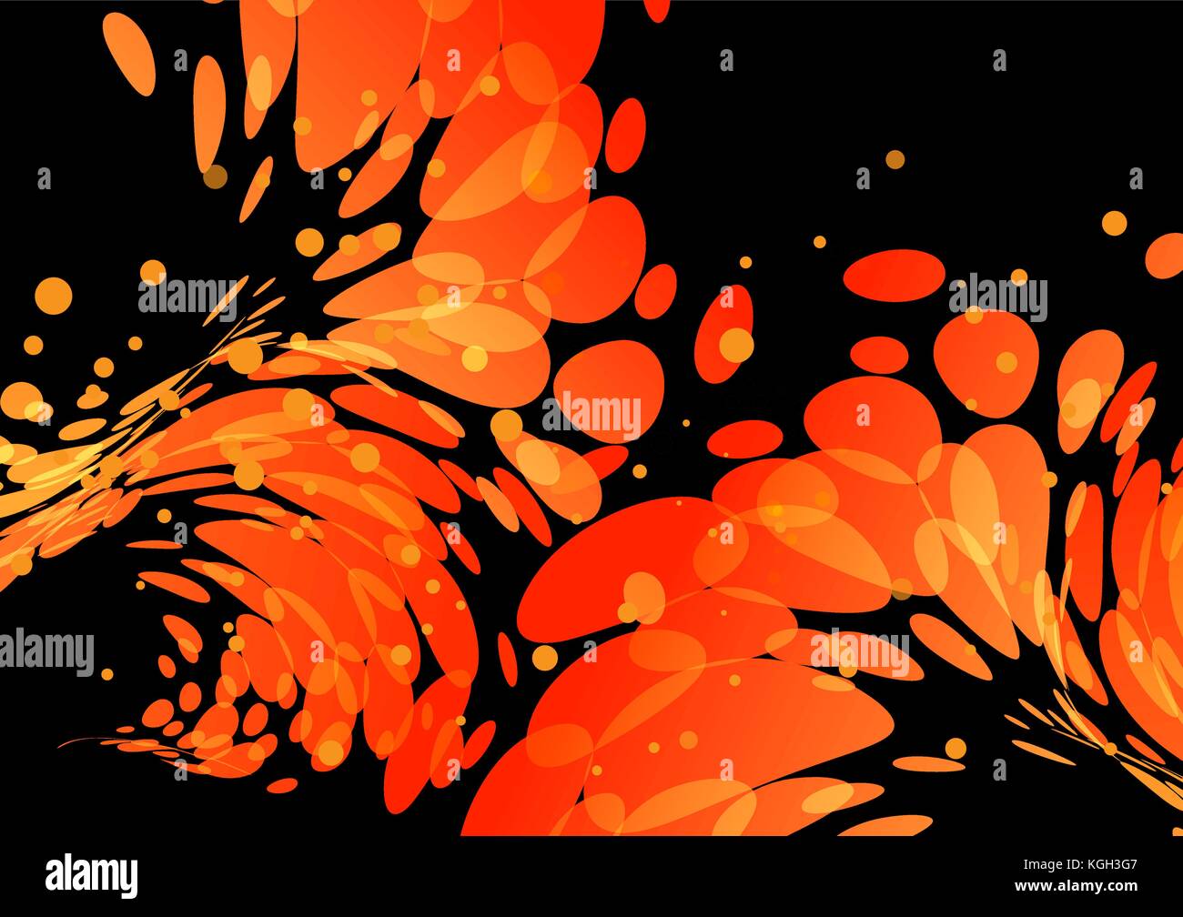 Splashing burning drops, orange elements on black background Stock Vector