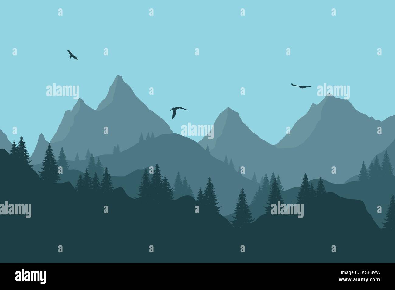 Vector illustration of a mountain landscape with a forest and flying ...