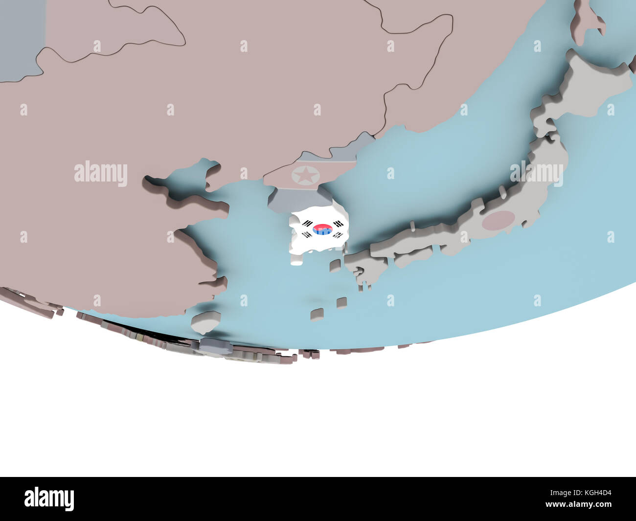 3D illustration of South Korea with embedded flag on political globe ...