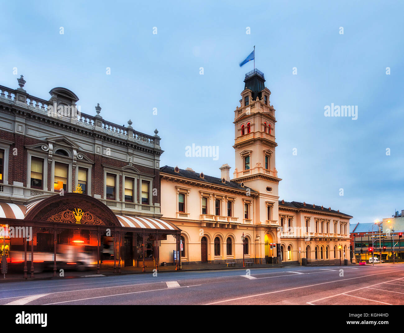 Regional historic architecture in small provincial town Ballarat, Australian state Victoria. Empty street in downtown at sunrise. Stock Photo