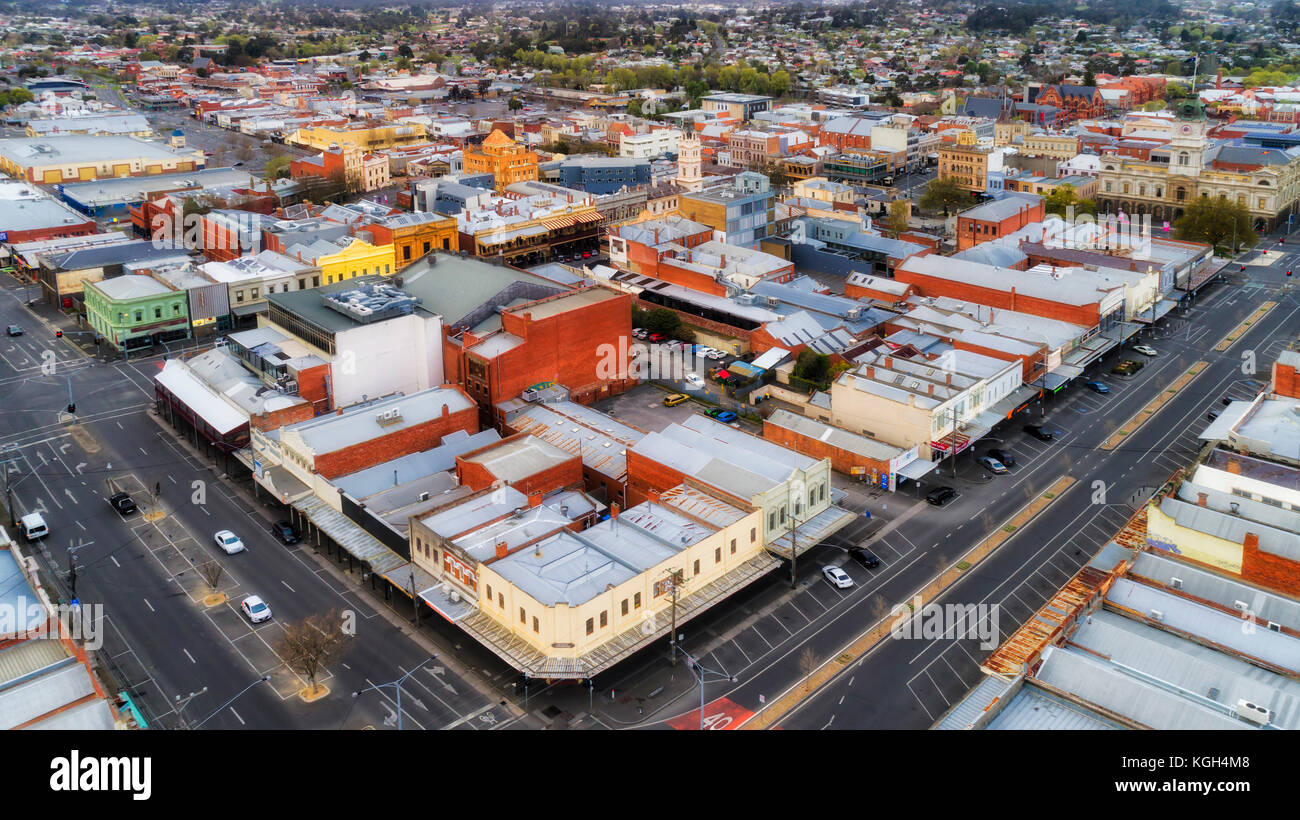 Aerial elevated view of downtown in Ballarat - regional city in Victoria state of Victoria. Historic centre of 18th century gold rush - streets, roads Stock Photo
