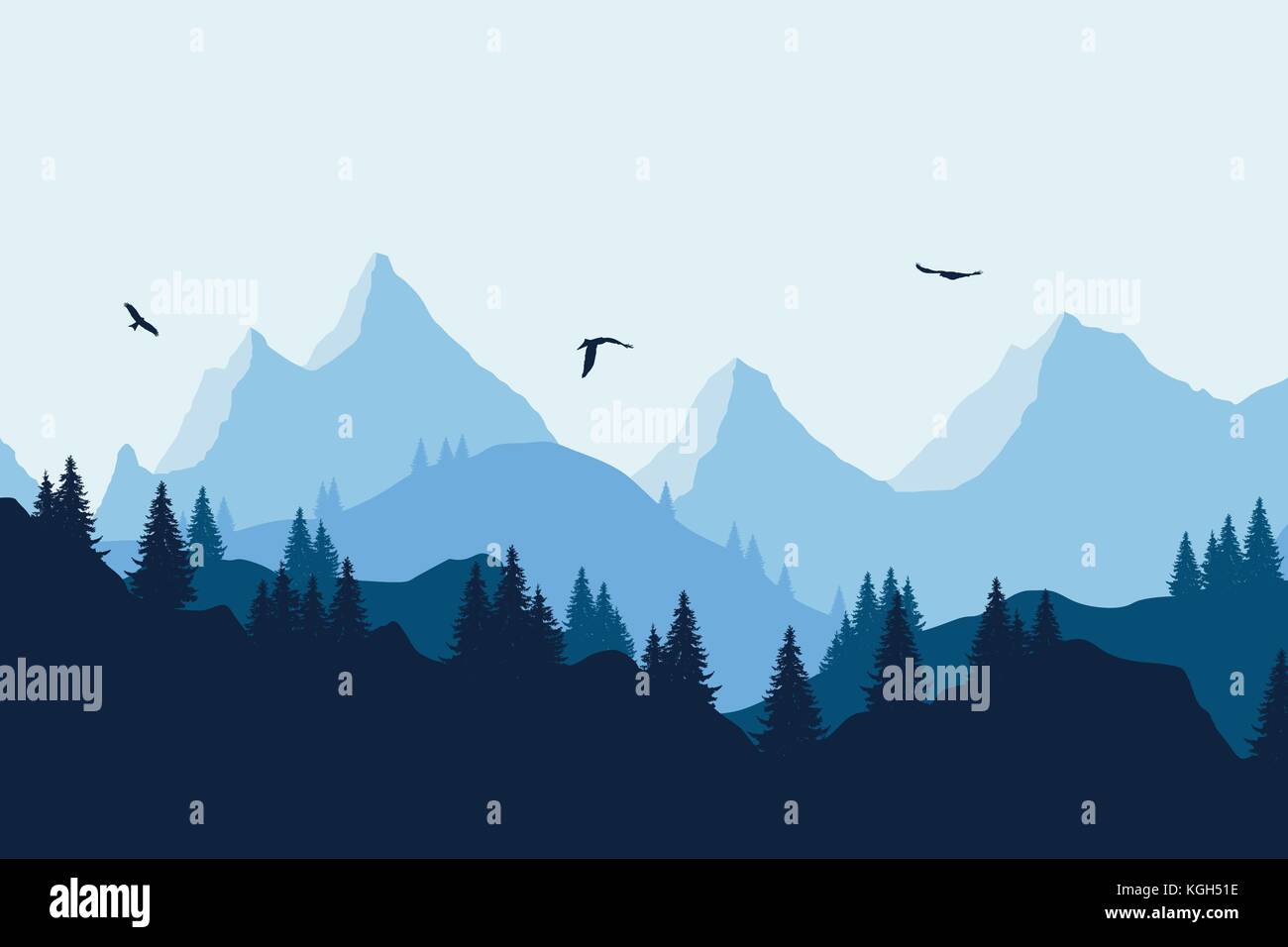 Vector illustration of a mountain landscape with a forest and flying ...
