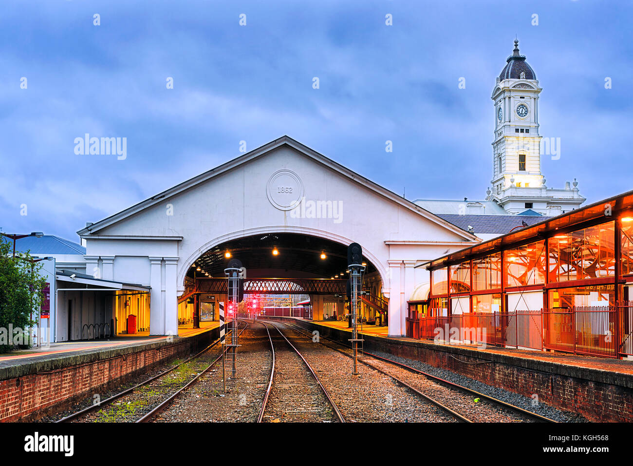 Regional town in Victoria - Ballarat. Historic train station on victorial railways with clock tower and multiple tracks to platforms. Stock Photo