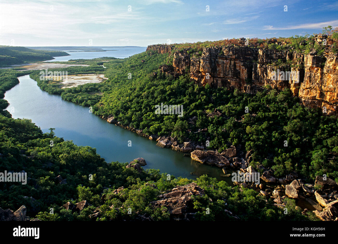 Sandstone escarpment meets the coast, with Mangroves bordering the tidal zone. North Kimberley region, Western Australia Stock Photo